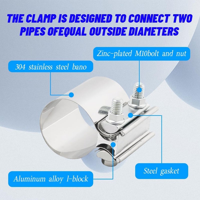 PACLVIO Exhaust Clamp, Exhaust Pipe Clamp, 2.0'' Butt Joint Stainless Steel Clamp Band, Universal Car Accessories Widening Clamp Butt Joint Exhaust Clamp Replacement for Exhaust Pipe (2 inch) - Image 3
